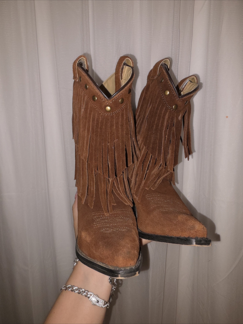 Girls' Suede Fringe Western Ankle Boots in Brown